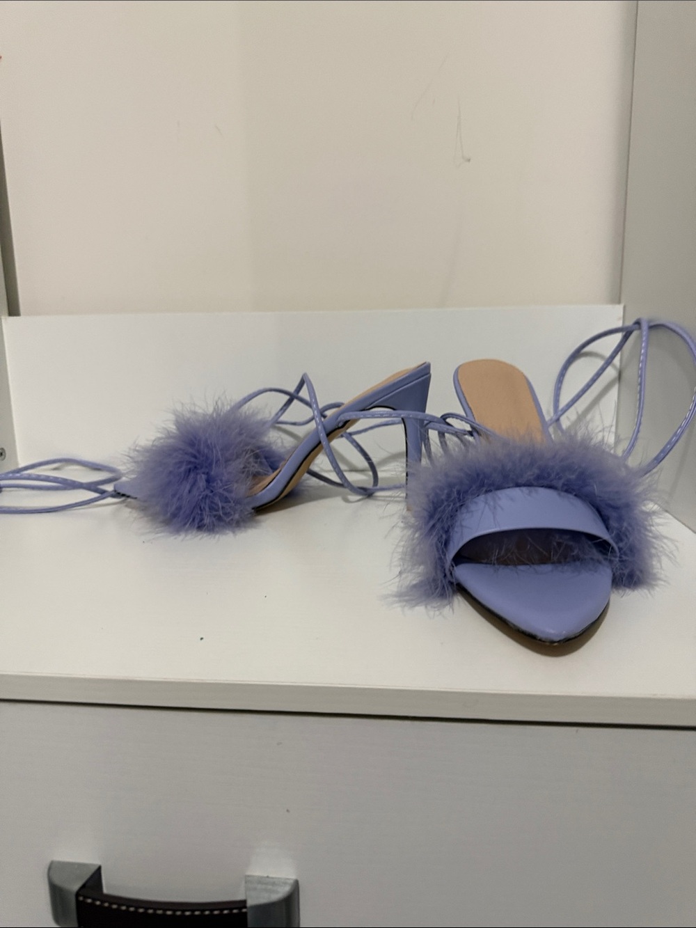Lavender Feather Strap Heeled Mules